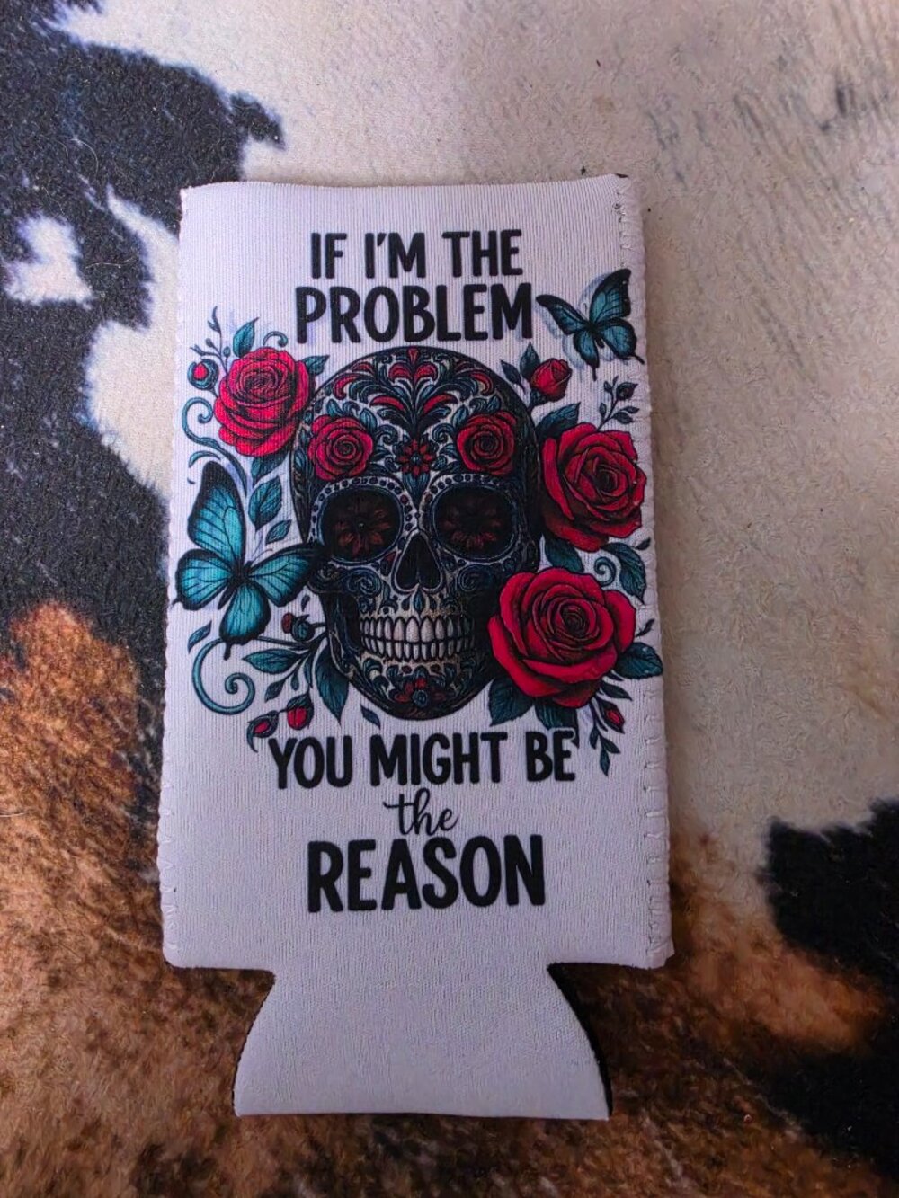 Problem Skull Roses Neoprene 12oz Slim Can Cooler Tall Beverage Koozie